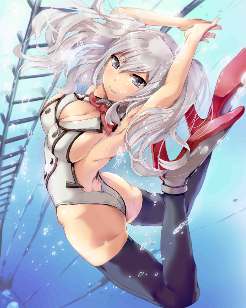 1girl absurdres adapted_costume armadillo-tokage ass black_legwear blue_eyes breasts cleavage high_heels highres jpeg_artifacts kantai_collection kashima_(kantai_collection) large_breasts leotard looking_at_viewer silver_hair smile solo thigh-highs twintails underwater