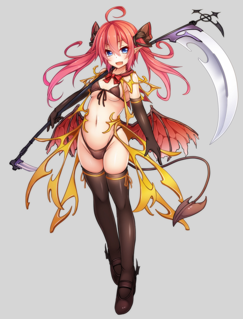 &gt;:d 1girl :d ahoge armor blue_eyes blush boots bowtie breasts brown_bikini brown_boots demon_girl demon_tail demon_wings fang front-tie_top grey_background hair_ribbon highres holding_weapon navel open_mouth original pointy_ears red_bowtie redhead ribbon scythe simple_background small_breasts smile solo stomach tagme tail thigh-highs thigh_boots twintails under_boob wakagi_repa wings yellow_ribbon