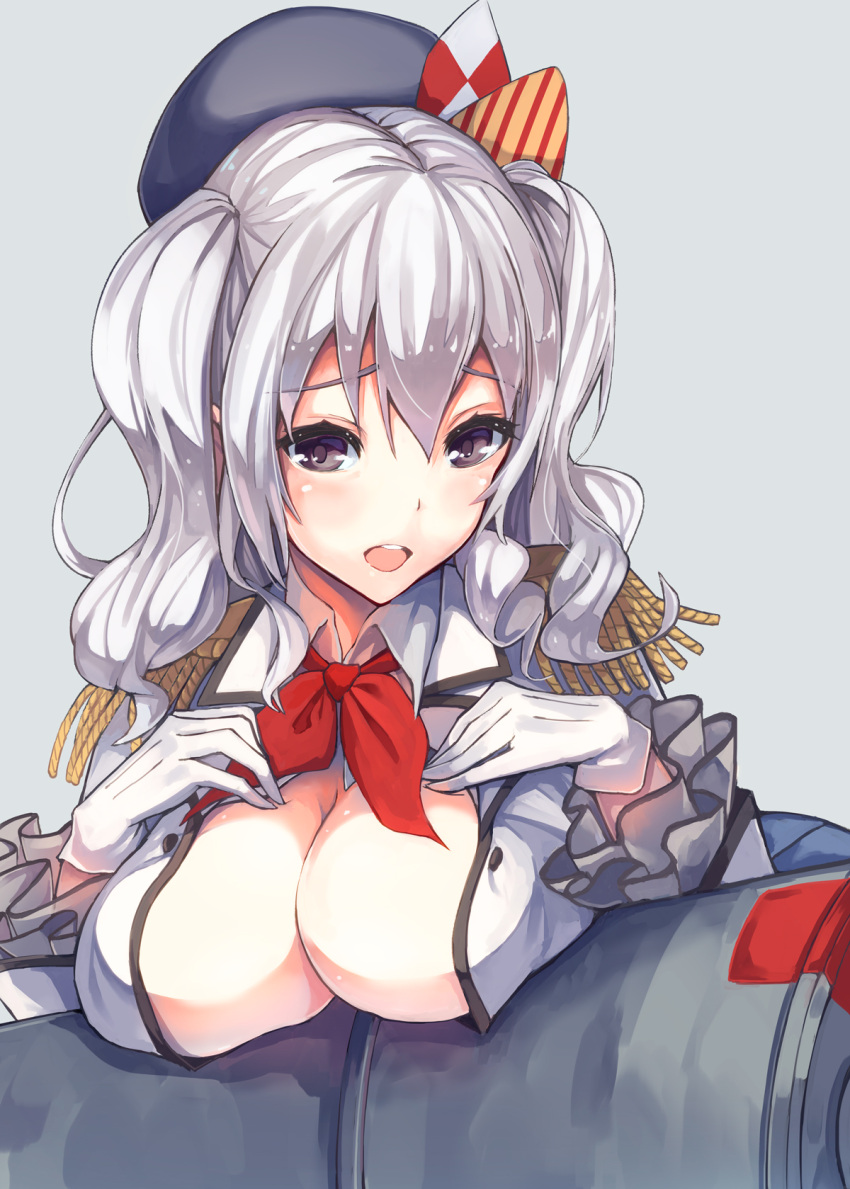 1girl blue_eyes breasts gloves hat highres kantai_collection kashima_(kantai_collection) konkito large_breasts long_hair military military_uniform open_clothes silver_hair smile solo twintails uniform wavy_hair