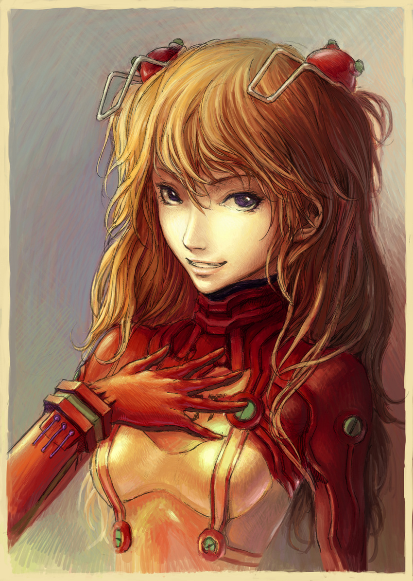 1girl blue_eyes brown_hair evangelion:_2.0_you_can_(not)_advance grin highres lips looking_at_viewer neon_genesis_evangelion plugsuit rebuild_of_evangelion redhead shikinami_asuka_langley smile solo souryuu_asuka_langley test_plugsuit zhoujialin