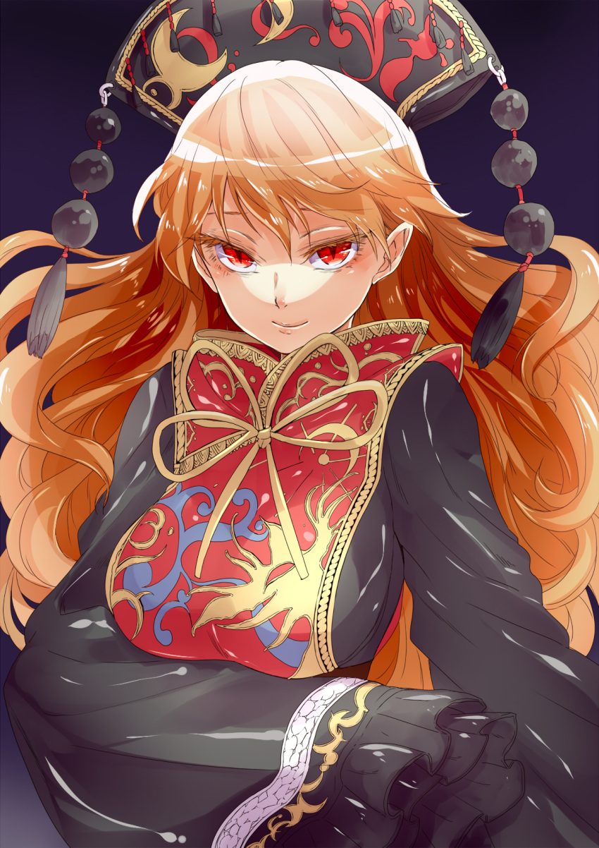 1girl asuku_(69-1-31) bangs blonde_hair breast_hold chinese_clothes closed_mouth colored_eyelashes crescent crescent_moon frilled_sleeves frills gradient gradient_background hat highres junko_(touhou) long_hair looking_at_viewer moon orange_hair red_eyes sleeves_past_wrists smile solo swept_bangs tabard tassel touhou upper_body