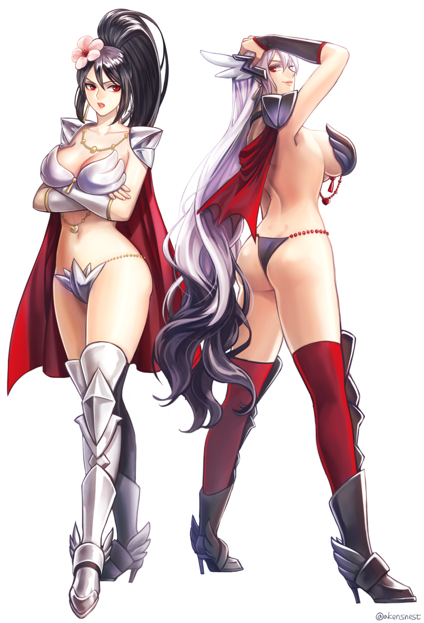 2girls aken albino ankle_wings arm_at_side armor ass beads bikini_armor black_hair black_legwear boots breasts cape copyright_request crossed_arms full_body greaves hair_between_eyes hand_on_own_head head_wings heart high_heels high_ponytail highres huge_breasts jewelry large_breasts leg_armor legs_apart long_hair midriff multicolored_hair multiple_girls necklace open_mouth panties pauldrons ponytail red_cape red_eyes red_legwear shin_guards sideboob simple_background smirk standing teeth thigh-highs twitter_username underwear vambraces very_long_hair white_background white_hair