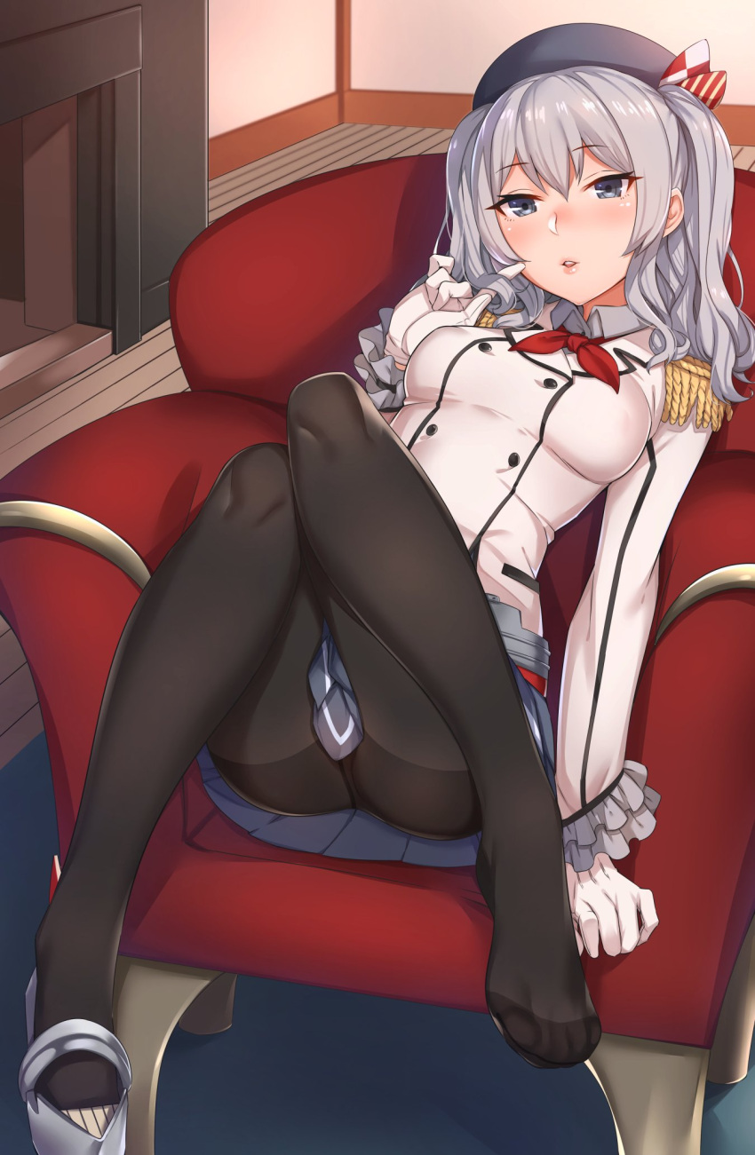 1girl armchair black_legwear blue_eyes blue_skirt blush bow bowtie chair collar epaulettes fireplace frilled_sleeves frills full_body gloves hair_twirling hat hat_bow highres indoors inuhasiru kantai_collection kashima_(kantai_collection) kneehighs knees_together_feet_apart looking_at_viewer pantyhose parted_lips playing_with_own_hair pleated_skirt red_bowtie short_hair silver_hair single_shoe sitting skirt solo tsurime two_side_up white_gloves wooden_floor
