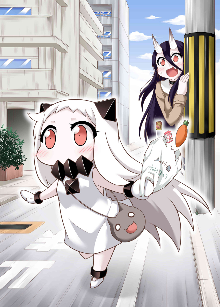 absurdres bag bangs battleship_hime black_hair blush box building carrot choker commentary_request enemy_aircraft_(kantai_collection) fang food handbag hiding high_collar highres hole horns jacket kantai_collection lamppost long_hair mittens northern_ocean_hime orange_eyes outstretched_arms planter road shopping_bag sidewalk street sweatdrop translation_request very_long_hair white_hair yamato_nadeshiko