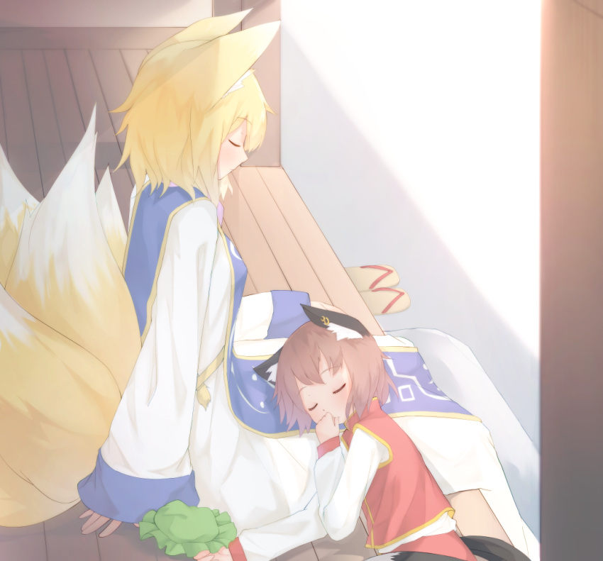 2girls animal_ears blonde_hair brown_hair cat_ears cat_tail chen closed_eyes fox_tail hat hat_removed headwear_removed lying lying_on_lap lying_on_person multiple_girls multiple_tails on_side sakurea sandals short_hair sitting sleeping sleeping_on_person tail touhou yakumo_ran