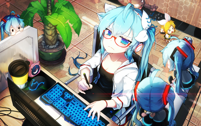 &gt;_&lt; 5girls alarm_clock bai_yemeng bespectacled blue_eyes blue_hair breasts cat chair chibi cleavage clock closed_eyes collarbone computer_keyboard computer_mouse computer_screen desk flying_sweatdrops glasses hair_ribbon hatsune_miku hoodie kagamine_rin long_hair looking_at_viewer minigirl multiple_girls open_clothes open_hoodie pen plant potted_plant red-framed_glasses ribbon running shirt sitting twintails very_long_hair vocaloid