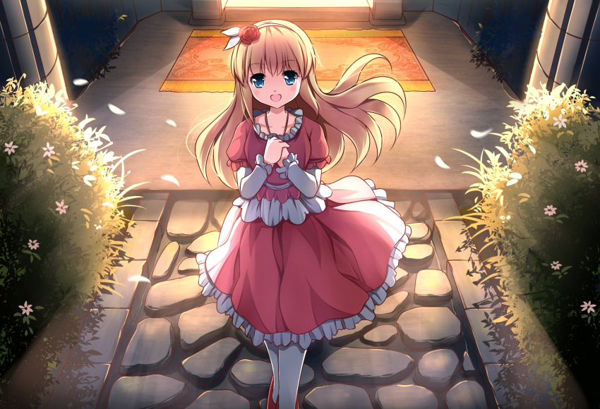 1girl blonde_hair blue_eyes commentary_request door dress flower hair_flower hair_ornament highres long_hair looking_at_viewer open_mouth original puffy_short_sleeves puffy_sleeves red_dress risutaru short_over_long_sleeves short_sleeves smile solo