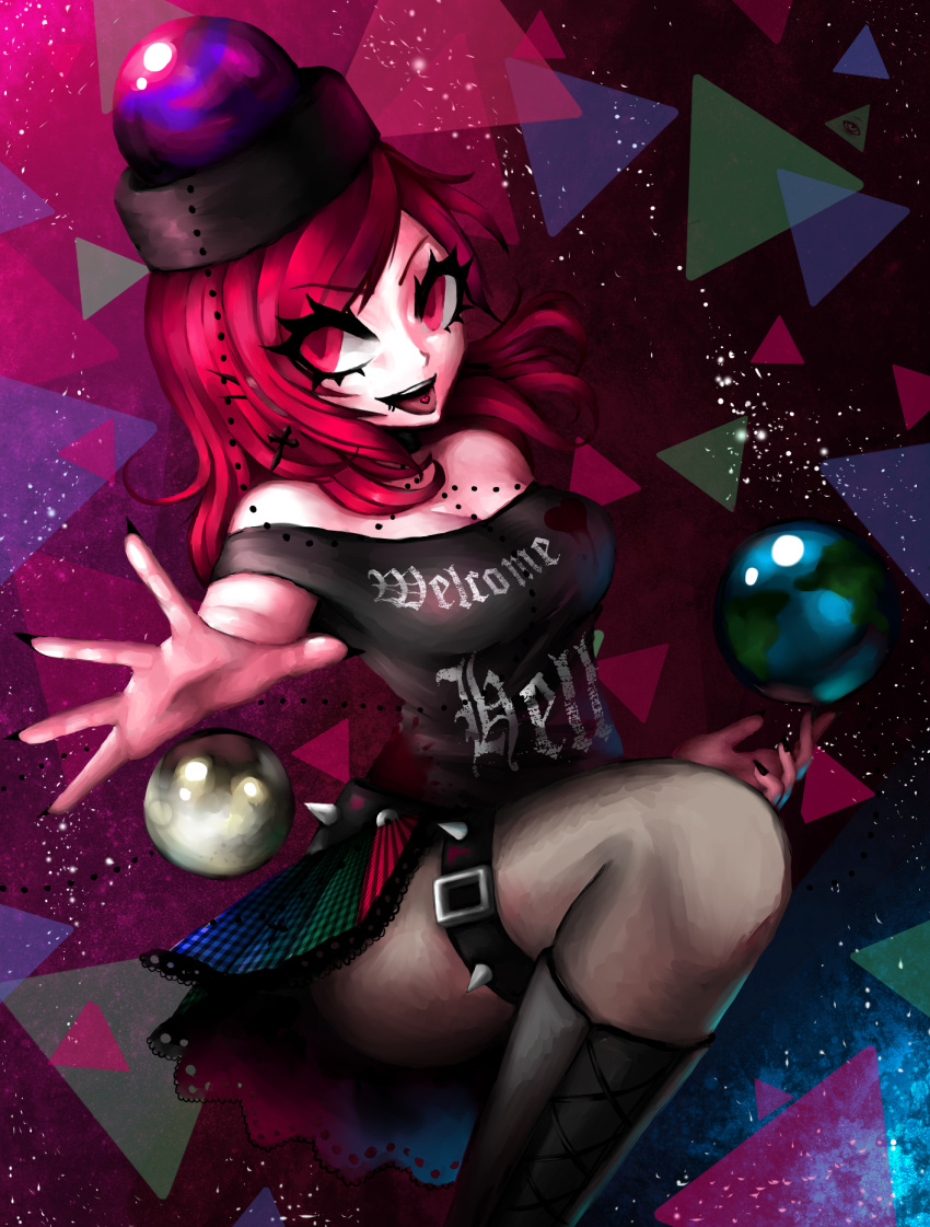 1girl bare_shoulders belt black_fingernails black_hat black_nails black_shirt blood boots breasts chain checkered checkered_skirt choker cleavage clothes_writing earth_(ornament) floating_object hecatia_lapislazuli highres illuminati illuminati_triangle jewelry knee_boots lip_piercing moon_(ornament) nail_polish nawlien off_shoulder open_mouth pantyhose piercing planet_(ornament) pleated_skirt punk red_eyes redhead shirt short_hair skirt sky solo space spikes spiky_belt star star_(sky) starry_background starry_sky tongue_piercing touhou triangle