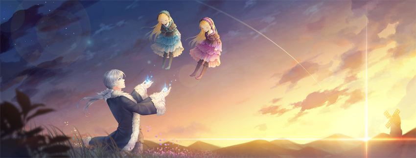 1boy 2girls bangs blonde_hair blunt_bangs blurry boots closed_eyes clouds coat day_and_night dress floating floating_hair flower frilled_dress frills fur_trim gothic_lolita grass hair_ornament hairband headdress hiver_laurant hortense lens_flare lolita_fashion long_hair long_sleeves looking_at_another low_ponytail magic mountain multiple_girls outdoors petals roman saban shooting_star siblings silver_hair sisters skirt_hold sky sound_horizon standing star_(sky) sun twilight twins violette white_hair wind windmill
