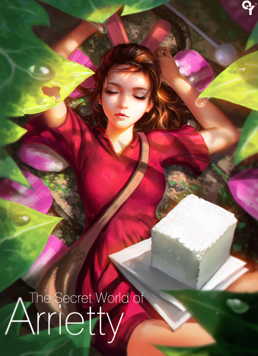 1girl arrietty bag brown_hair closed_eyes clothes_pin copyright_name dew_drop dress english flower highres karigurashi_no_arrietty leaf liangxing long_hair lying minigirl on_back paper petals pin ponytail red_dress shoulder_bag solo sugar_cube text water water_drop
