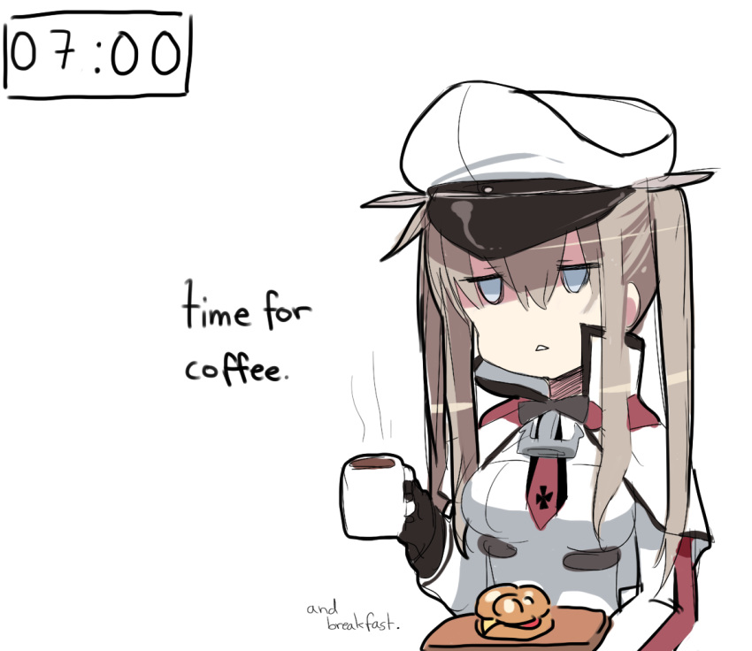 1girl black_gloves blue_eyes bowtie brown_hair capelet cheese coffee coffee_mug cup english gloves graf_zeppelin_(kantai_collection) hat holding_cup holding_tray jitome kantai_collection melone_(melonenbrot) military military_uniform mug naval_uniform peaked_cap sandwich sidelocks simple_background solo steam timestamp tray twintails uniform white_background
