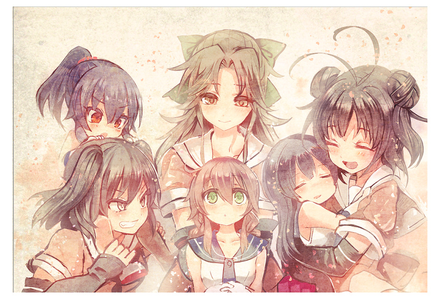 agano_(kantai_collection) black_hair brown_eyes brown_hair carrying cis_(carcharias) closed_eyes commentary_request gloves green_eyes grin hug jintsuu_(kantai_collection) kantai_collection long_hair naka_(kantai_collection) noshiro_(kantai_collection) ponytail school_uniform sendai_(kantai_collection) serafuku short_hair shoulder_carry smile uniform yahagi_(kantai_collection) younger