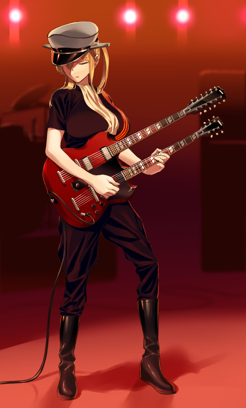 1girl blew_andwhite blonde_hair boots brown_boots cable closed_eyes double_neck_guitar electric_guitar graf_zeppelin_(kantai_collection) guitar hair_between_eyes hat head_down highres instrument kantai_collection led_zeppelin light pants parted_lips peaked_cap shirt short_hair short_sleeves solo stage standing twelve_string_guitar