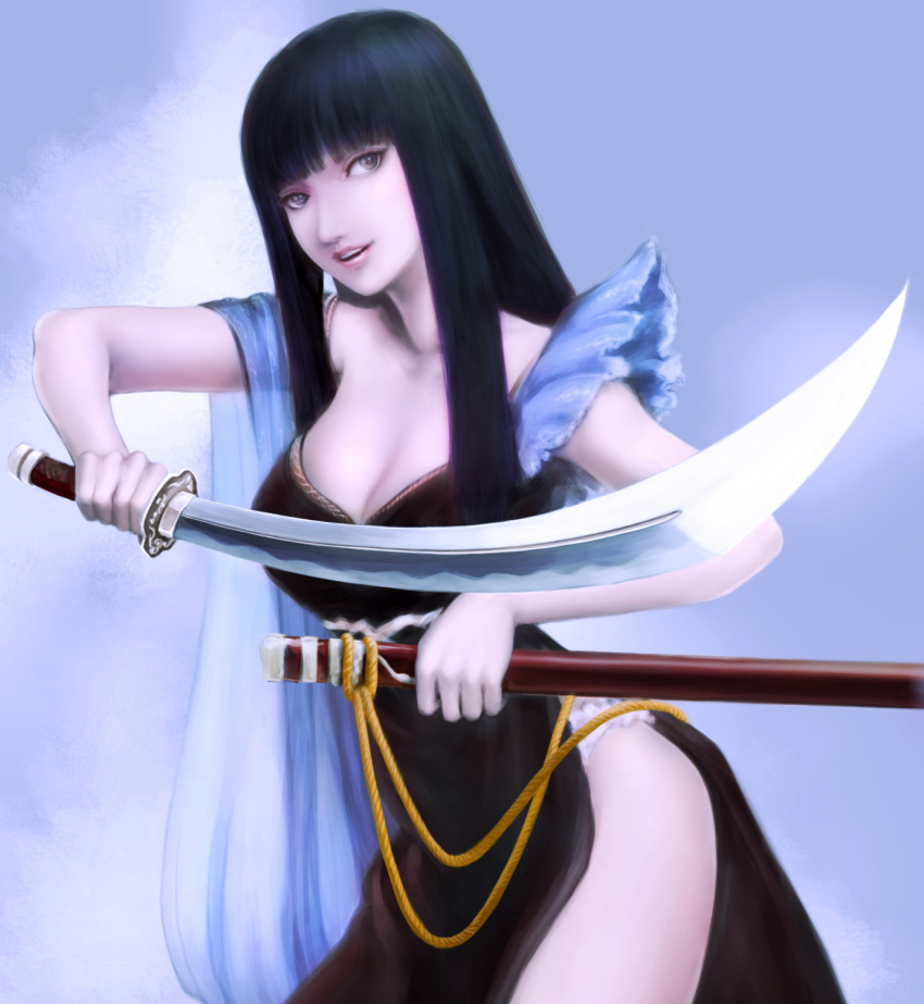 1girl black_hair breasts brown_eyes cleavage cowboy_shot highres holding_sword holding_weapon katana large_breasts lips long_hair looking_at_viewer nose open_mouth original realistic scabbard sheath smile solo sword weapon yukinoboo