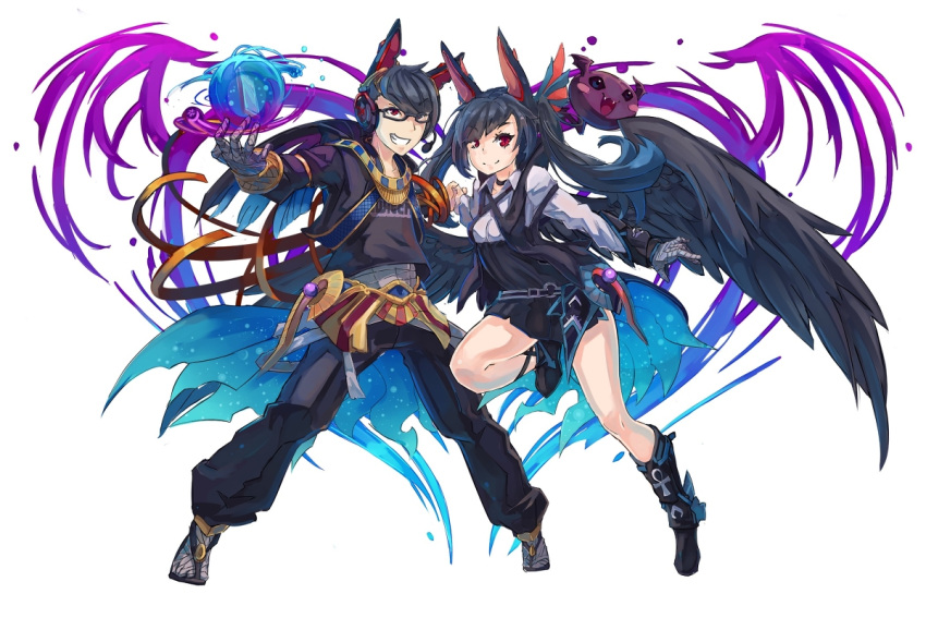 1boy 1girl anubis_(p&amp;d) anubis_(p&amp;d)_(cosplay) armor baddie_(p&amp;d) black_hair black_wings blush boots glasses gloves headphones heart holding_hands idunna_(p&amp;d) jewelry leg_up long_hair looking_at_viewer magic microphone open_mouth pants pointy_ears puzzle_&amp;_dragons reco_(p&amp;d) red_eyes shirt shoes short_hair smile teeth twitch wings 黒狐