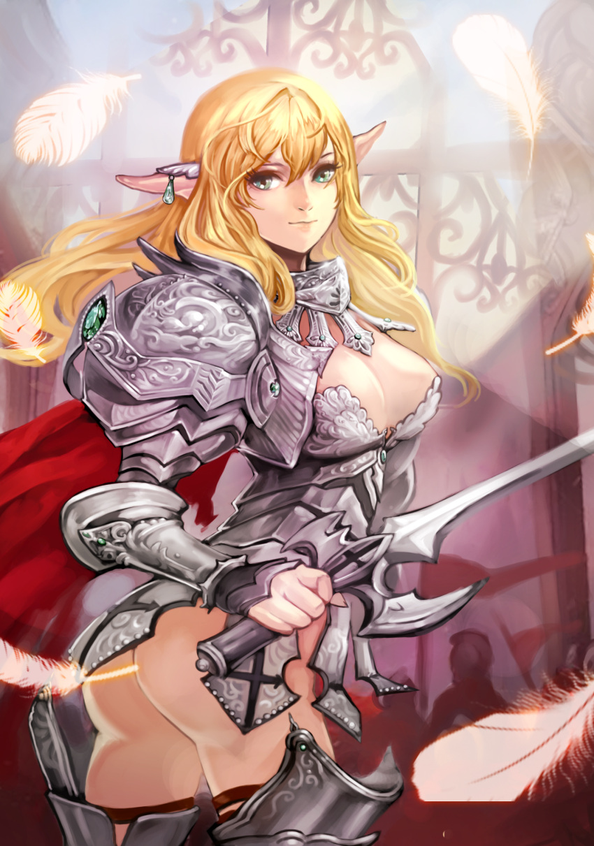1girl armor ass blonde_hair breasts cape cleavage elf feathers gorget green_eyes helmet highres jewelry long_hair looking_to_the_side pauldrons pointy_ears standard_bearer sword weapon zzoggomini
