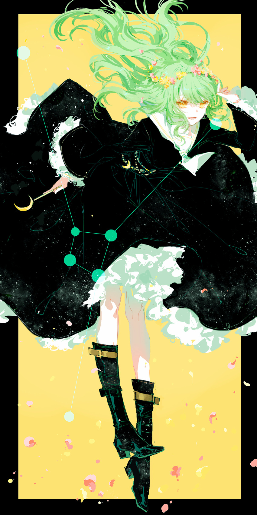 1girl :d absurdres bangs belt black_boots black_border black_dress boots border cancer constellation crescent dress flower frilled_sleeves frills green_hair hair_flower hair_ornament head_wreath highres holding long_sleeves moss_(2225028) open_mouth original sailor_collar sketch sleeves_past_wrists smile solo starry_sky_print wand white_necktie white_skin wide_sleeves yellow_background yellow_eyes zodiac