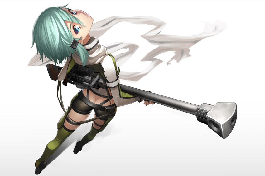 1girl anti-materiel_rifle aqua_hair blue_eyes butt_crack carrying colored_eyelashes fingerless_gloves foreshortening from_above from_behind gloves gradient gradient_background gun hair_ornament hairclip long_sleeves looking_at_viewer looking_back pgm_hecate_ii rifle scarf shadow shinon_(sao) short_hair short_shorts shorts sniper_rifle solo sword_art_online tef weapon