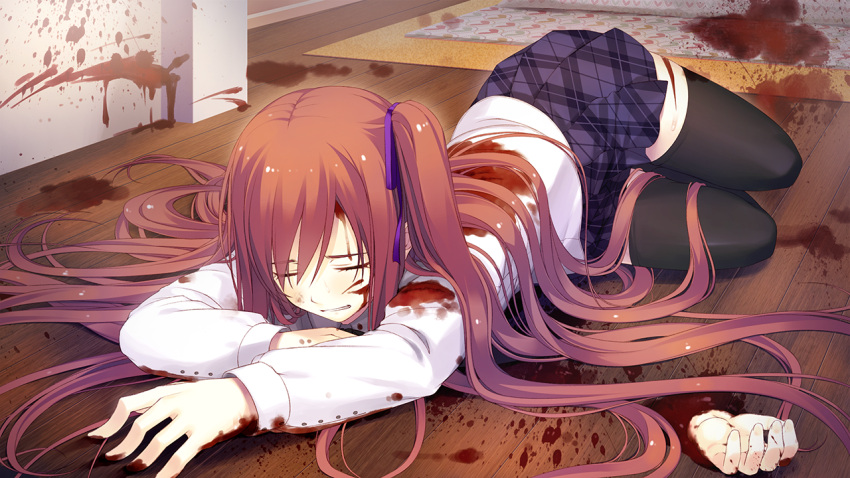 1girl black_legwear blood blue_skirt brown_hair closed_eyes disembodied_limb game_cg hair_ribbon hands indoors injury kazami_haruki long_hair lying nitta_ruri pleated_skirt purple_ribbon ribbon satsukoi_yuukyuu_naru_koi_no_uta severed_hand skirt solo thigh-highs twintails