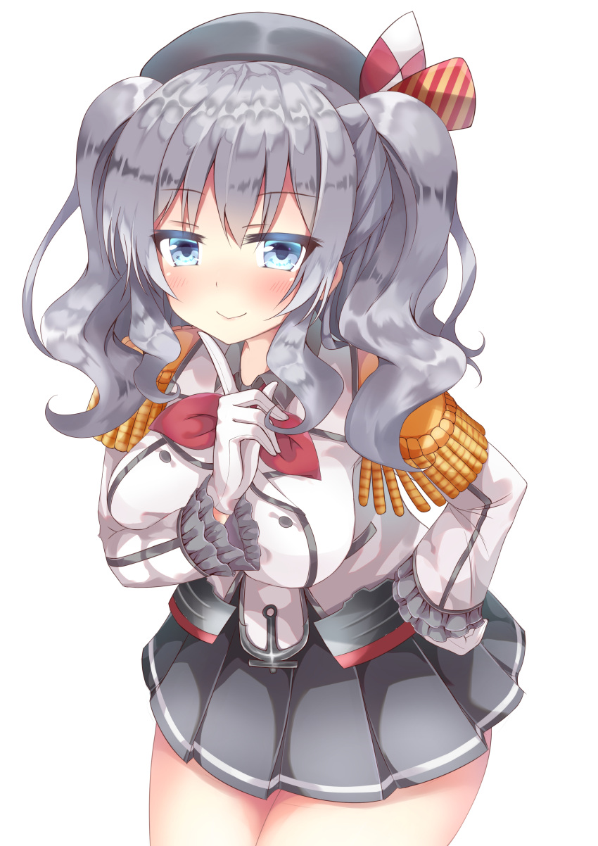 1girl absurdres blue_eyes gloves go-1 hand_on_hip hat highres kantai_collection kashima_(kantai_collection) long_hair silver_hair smile solo twintails uniform wavy_hair