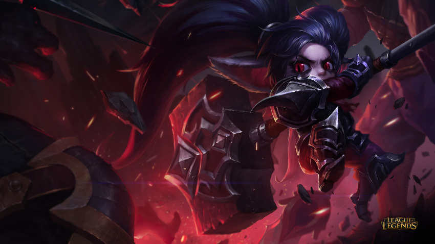 armor black_armor black_hair hammer highres league_of_legends makeup official_art pointy_ears poppy red_eyes twintails