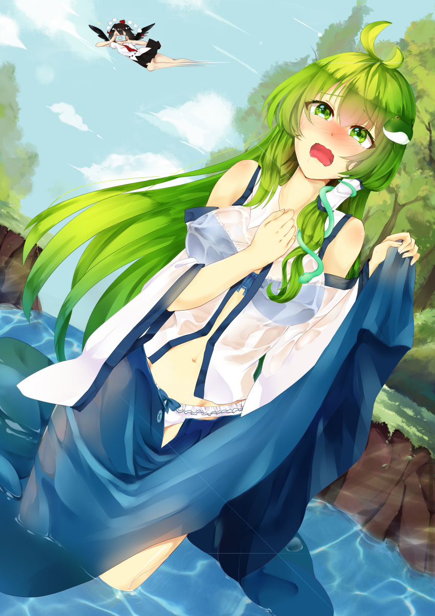 2girls absurdres ahoge aiming bangs black_hair black_skirt black_wings blue_bra blue_sky blur blush bow bow_bra bow_panties bra camera clouds collared_shirt covered_nipples crying crying_with_eyes_open day detached_sleeves embarrassed forest frilled_panties frills frog_hair_ornament green_eyes green_hair hair_ornament hair_tubes hat highres hips kochiya_sanae legs light_reflection_(water) long_hair multiple_girls nature navel necktie open_clothes open_shirt panties partially_submerged perspective ranyomochi red_necktie reflective_eyes river riverbank see-through shameimaru_aya shirt short_hair skirt skirt_lift sky sleeveless snake_hair_ornament sparkle speed_lines standing streaming_tears tears thighs tokin_hat touhou tree underwear untucked_shirt very_long_hair wardrobe_malfunction water waterfall watery_eyes wavy_mouth wet wet_clothes white_panties white_shirt wings