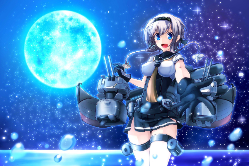 1girl black_gloves blue blue_eyes blue_moon blush braid breasts chou-10cm-hou-chan_(teruzuki's) clothes_writing commentary_request corset cowboy_shot floating_hair full_moon g_(desukingu) gloves hairband highres kantai_collection light_brown_hair long_hair looking_at_viewer machinery miniskirt moon multicolored_gloves neckerchief night night_sky open_hand open_mouth outstretched_arm outstretched_hand propeller_hair_ornament school_uniform serafuku short_sleeves skirt sky smile sparkle teruzuki_(kantai_collection) thigh-highs torpedo twin_braids water white_gloves white_legwear