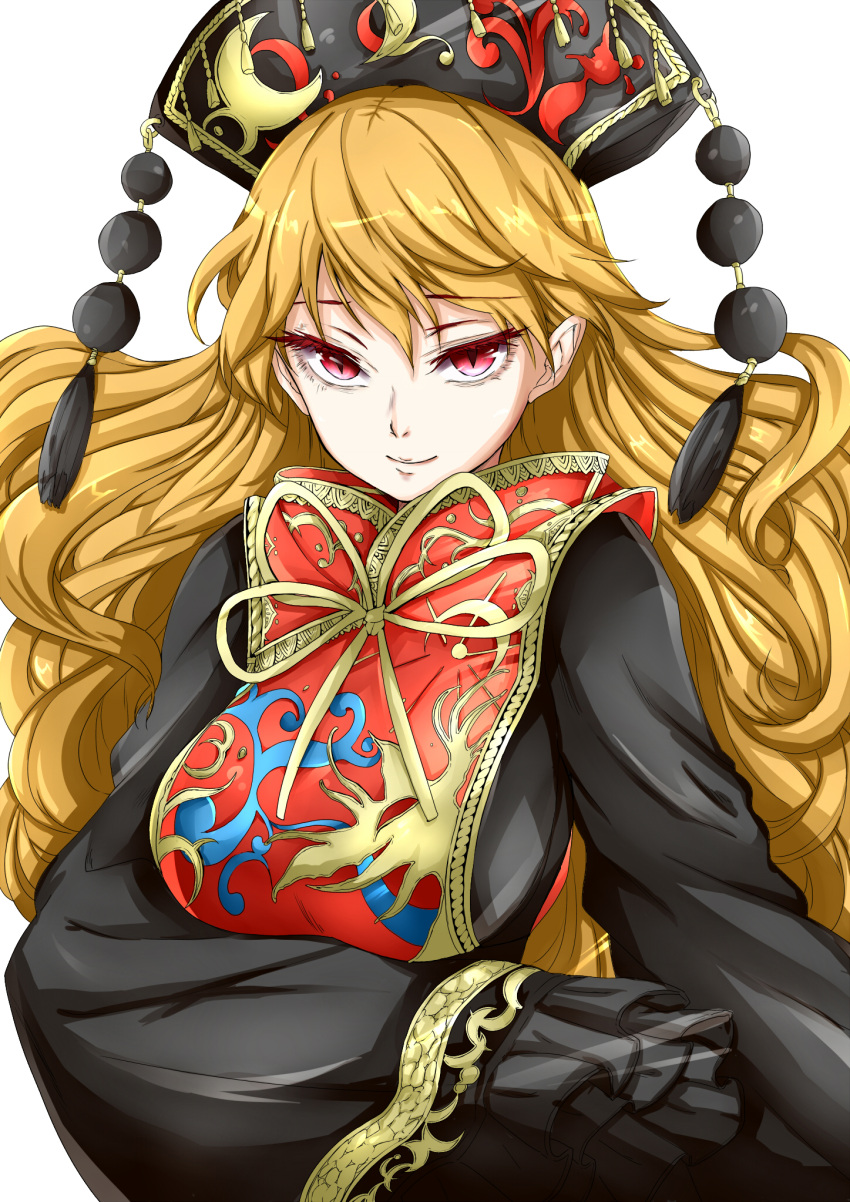 1girl big_hair black_dress blonde_hair breasts chikado chinese_clothes colored colored_eyelashes derivative_work dress ears floating_hair half-closed_eyes hat highres hoshi_(menma) junko_(touhou) long_sleeves red_eyes ribbon shiny shiny_hair simple_background slit_pupils smile solo touhou white_background