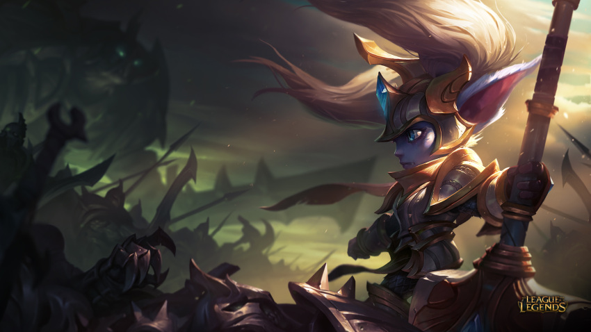 armor battlefield blue_eyes blue_skin fang hammer highres league_of_legends official_art pointy_ears poppy twintails