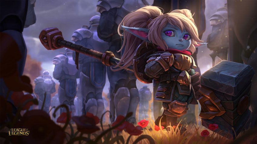 armor blonde_hair blue_skin fang hammer highres league_of_legends official_art poppy twintails violet_eyes