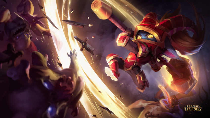 armor blue_skin hammer highres league_of_legends official_art pointy_ears poppy red_armor twintails yellow_eyes yellow_sclera