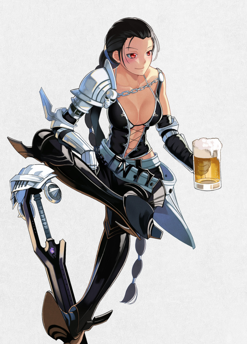 alcohol armor armored_boots beek beer beer_mug black_hair blush breasts chain cleavage collarbone drunk helmet highres long_hair mabinogi mabinogi_heroes red_eyes spaulders sword very_long_hair weapon