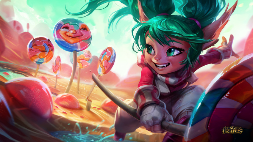candy fang green_eyes green_hair highres league_of_legends official_art pointy_ears poppy twintails