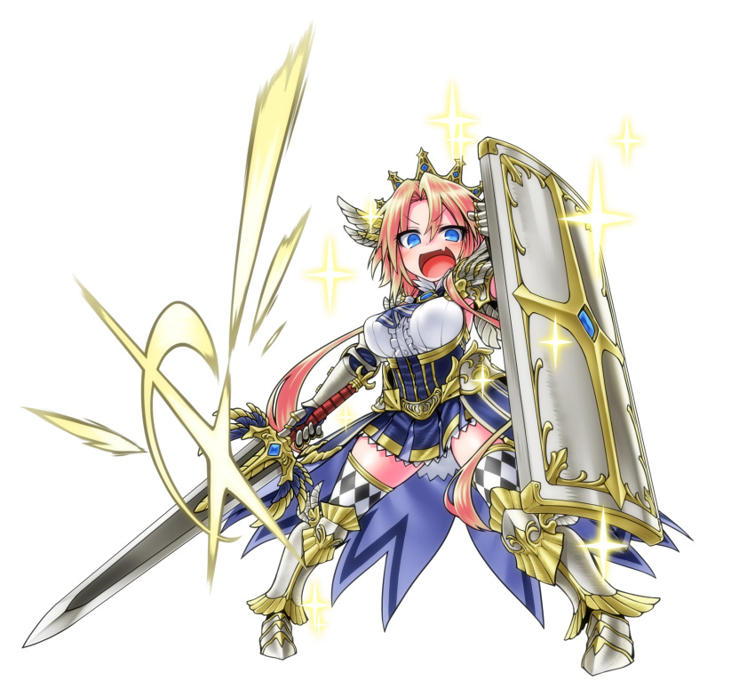 1girl argyle argyle_legwear armor armored_boots blonde_hair blue_eyes blush boots breasts chankodining_waka crown fang gauntlets head_wings highres himekawa_hinari large_breasts long_hair looking_at_viewer low_twintails miniskirt open_mouth original shield simple_background skirt smile solo sword thigh-highs twintails weapon white_background wide_stance zettai_ryouiki