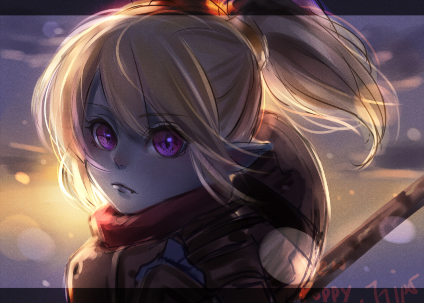 1boy 1girl armor blue_skin commentary evening fang_out hair_between_eyes hikarusorano league_of_legends long_hair looking_at_viewer pointy_ears poppy slit_pupils solo_focus twintails violet_eyes white_hair yordle