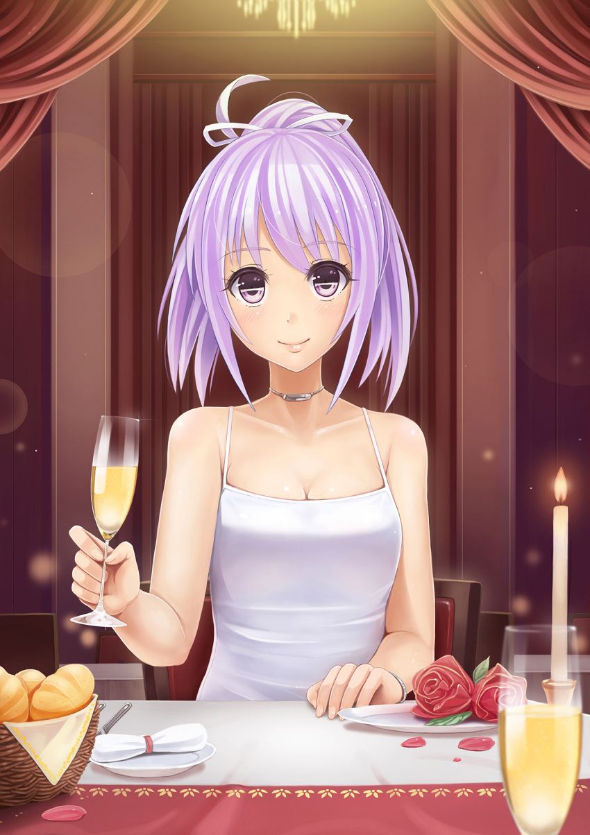 1girl alcohol basket blush bracelet bread breasts candle candlelight chair champagne champagne_flute chandelier cleavage collarbone cup curtains door dress drink drinking_glass flower food glass hair_ribbon highres indoors jewelry knife lips mimi_(mnemosyne) mnemosyne napkin neck_ring petals pink_hair plate pov pov_dating red_rose ribbon rose short_hair sitting sleeveless sleeveless_dress smile spaghetti_strap sunimu table upper_body violet_eyes wax white_dress white_ribbon