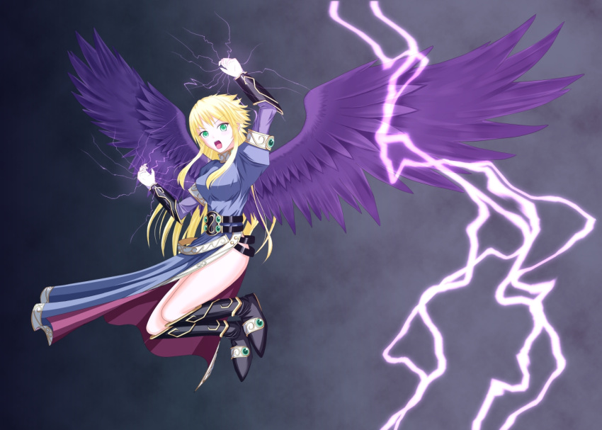1girl angel_wings black_wings blonde_hair blush boots breasts breath_of_fire breath_of_fire_ii bridal_gauntlets dress green_eyes knee_boots large_breasts large_wings legs lightning long_hair long_legs magic nina_(breath_of_fire_ii) no_panties shiden_(john_shiden) side_slit sidelocks solo thigh-highs thigh_boots thighs wings