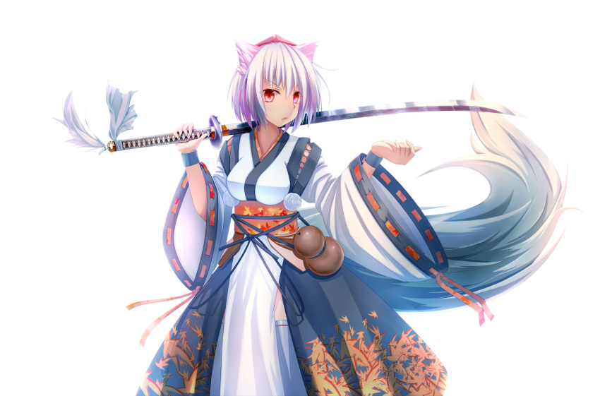 1girl absurdres animal_ears breasts detached_sleeves hat highres inubashiri_momiji japanese_clothes katana kourindou_tengu_costume looking_at_viewer mujina_tanuki obi open_mouth over_shoulder red_eyes sash short_hair silver_hair simple_background solo sword sword_over_shoulder tail tokin_hat touhou weapon weapon_over_shoulder white_background wolf_ears wolf_tail