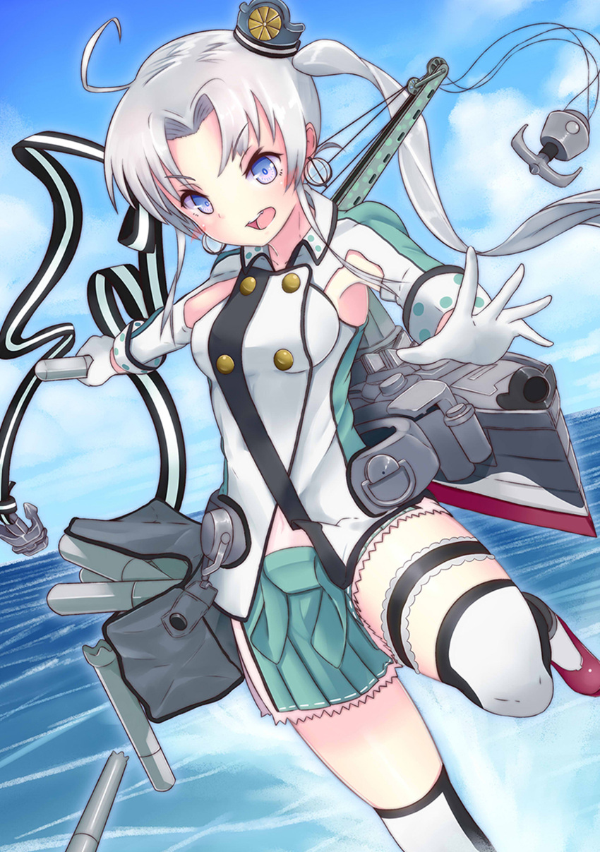 1girl absurdres ahoge akitsushima_(kantai_collection) anchor bag beriko_(dotera_house) breasts buttons clouds commentary_request crane earrings fanny_pack garters gloves hair_ornament hair_ribbon hat highres jacket jewelry kantai_collection leg_up long_hair machinery military military_uniform mini_hat miniskirt ocean open_mouth pleated_skirt ribbon side_ponytail silver_hair skirt sky solo thigh-highs torpedo uniform violet_eyes water white_gloves