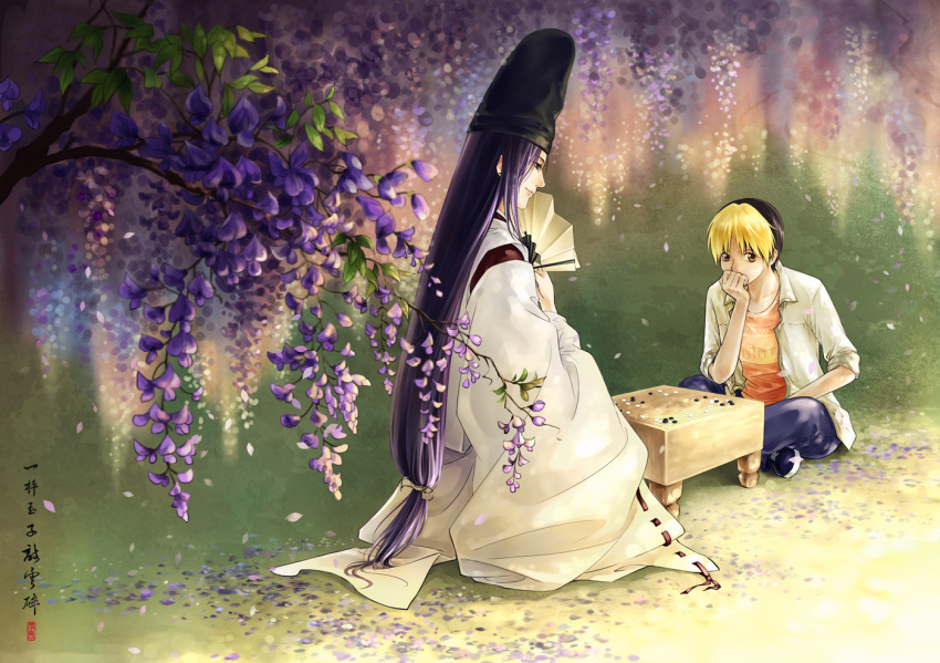 2boys black_hair blonde_hair board_game fan flower folding_fan from_side fujiwara_no_sai go hand_to_own_mouth hat hikaru_no_go indian_style japanese_clothes long_hair low-tied_long_hair lujialing male_focus multicolored_hair multiple_boys playing_games purple_hair ribbon-trimmed_sleeves ribbon_trim shindou_hikaru short_hair sitting smile tate_eboshi tree two-tone_hair very_long_hair wisteria