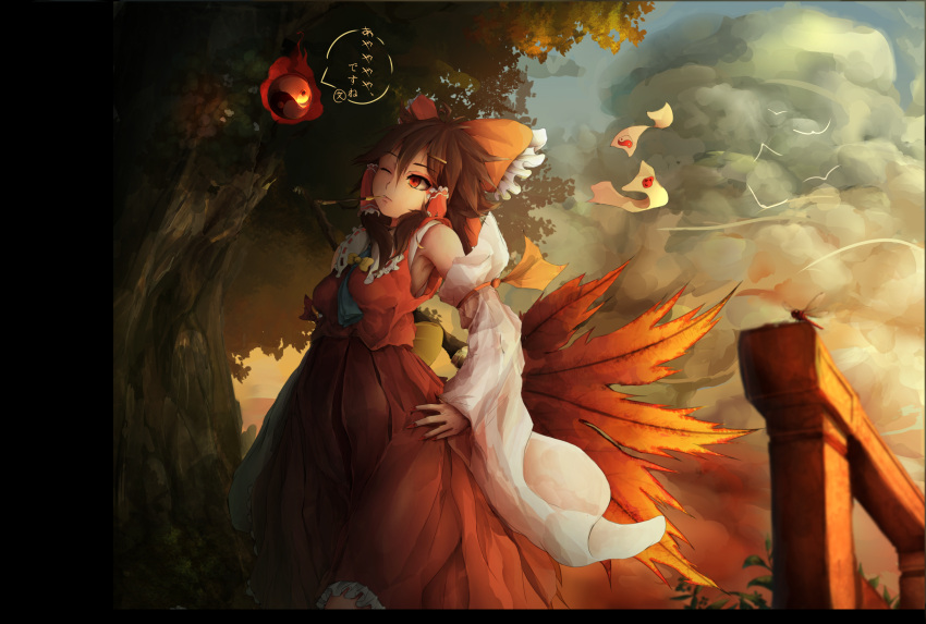 1girl absurdres ascot bow breasts brown_hair clouds cloudy_sky detached_sleeves fingernails hair_bow hair_tubes hakurei_reimu hand_on_hip highres kiseru long_fingernails megami_benka one_eye_closed outdoors pipe red_eyes ribbon-trimmed_sleeves ribbon_trim sharp_fingernails sky solo touhou translation_request upper_body