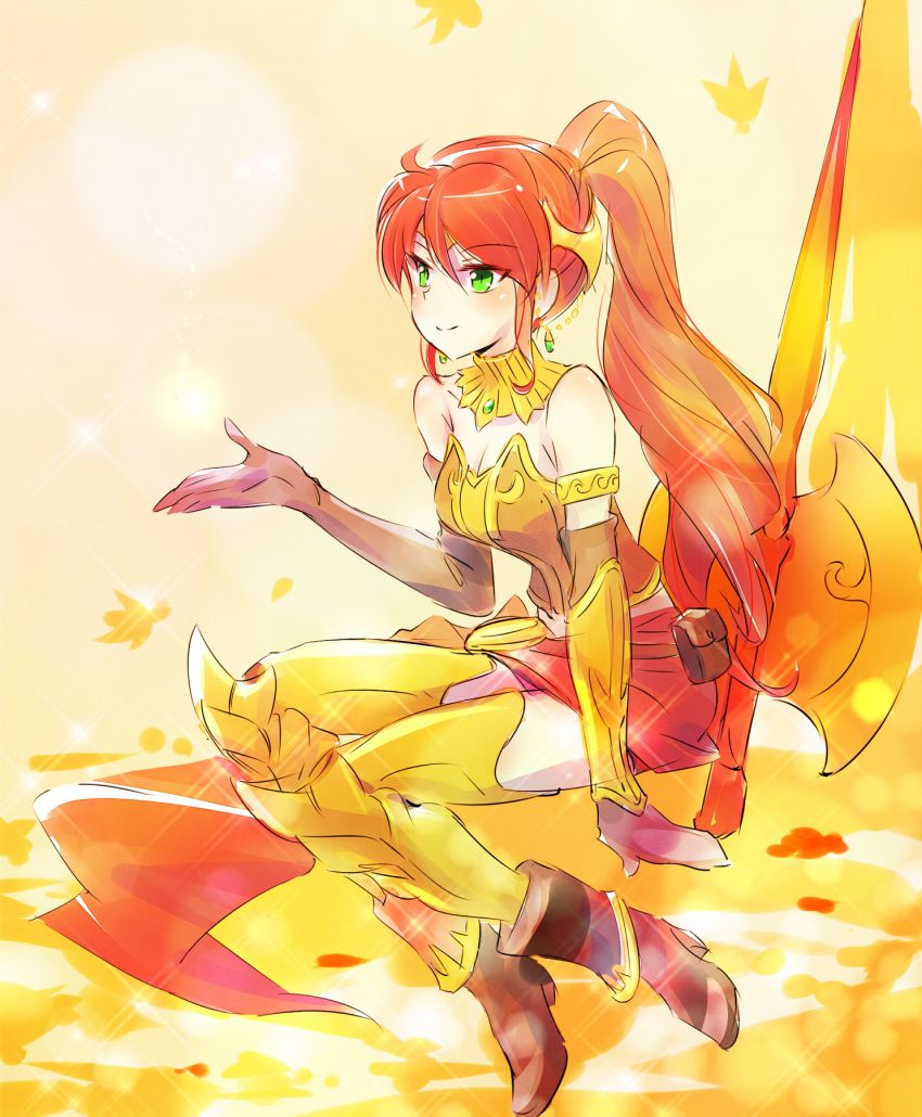 1girl armlet belt_pouch boots breasts circlet cleavage elbow_gloves gloves gorget green_eyes highres iesupa leg_armor ponytail pyrrha_nikos redhead rwby shield skirt smile solo weapon