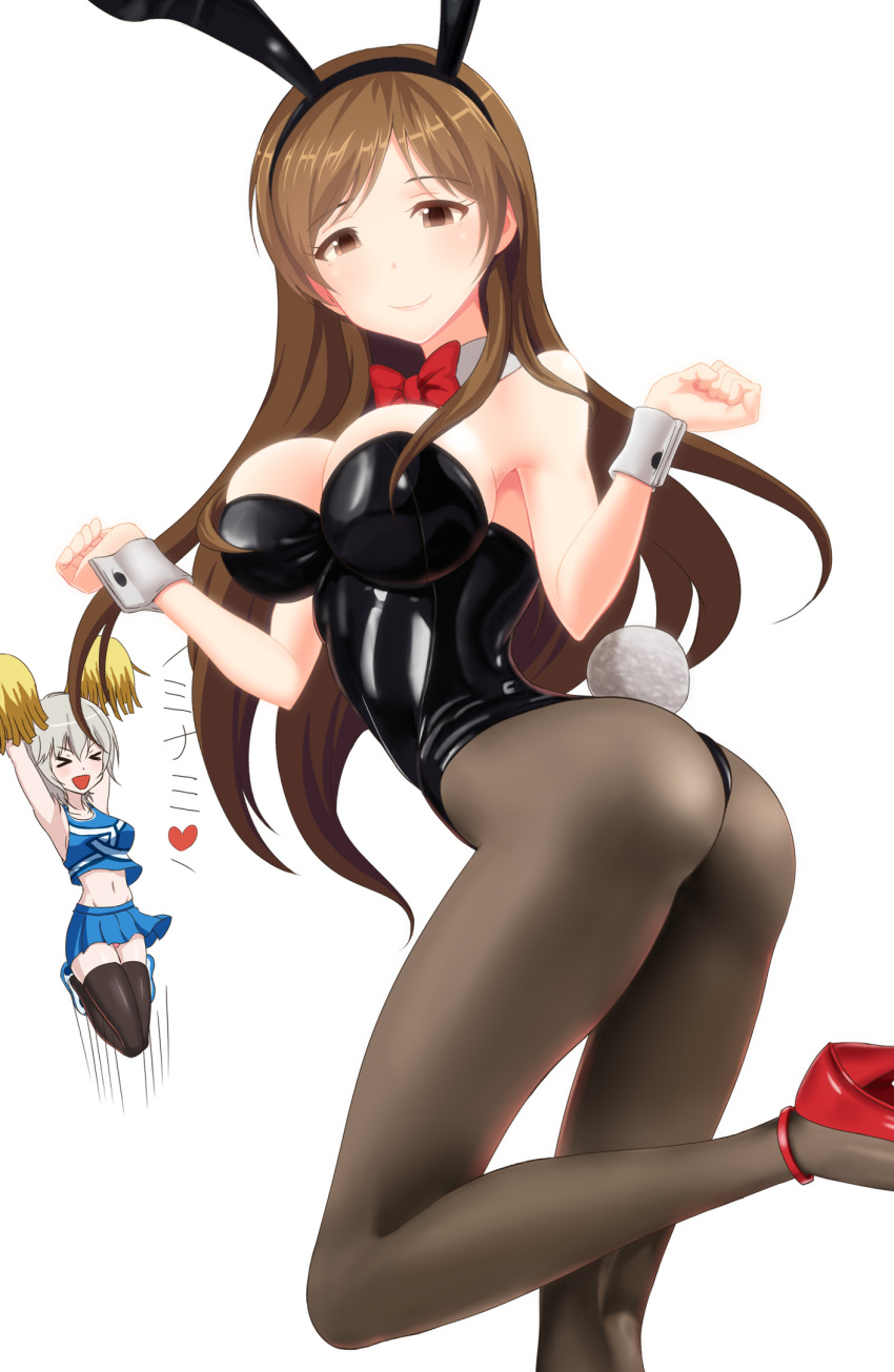 &gt;_&lt; 2girls anastasia_(idolmaster) animal_ears arms_up ass bare_shoulders black_legwear blush bowtie breasts brown_eyes brown_hair bunny_girl bunny_tail bunnysuit cheerleader cleavage closed_eyes detached_collar female from_behind highres idolmaster idolmaster_cinderella_girls large_breasts long_hair looking_at_viewer looking_back midriff multiple_girls navel nitta_minami open_mouth pantyhose pom_poms rabbit_ears short_hair silver_hair skirt smile tail takahirokun thigh-highs wrist_cuffs