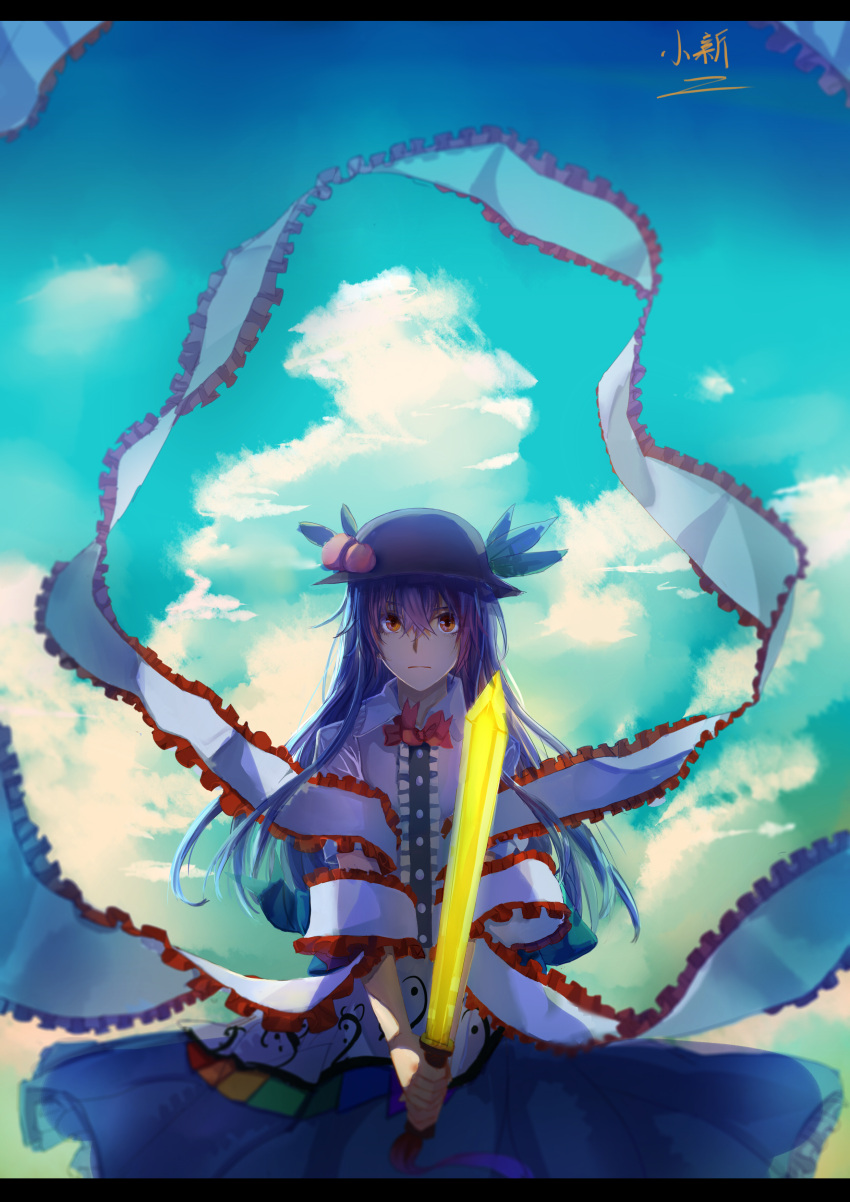 1girl absurdres artist_name blue_hair clouds dress food frills fruit hat highres hinanawi_tenshi layered_dress letterboxed long_hair looking_at_viewer orange_eyes peach puffy_sleeves qin_xin shawl short_sleeves sky solo sword_of_hisou touhou