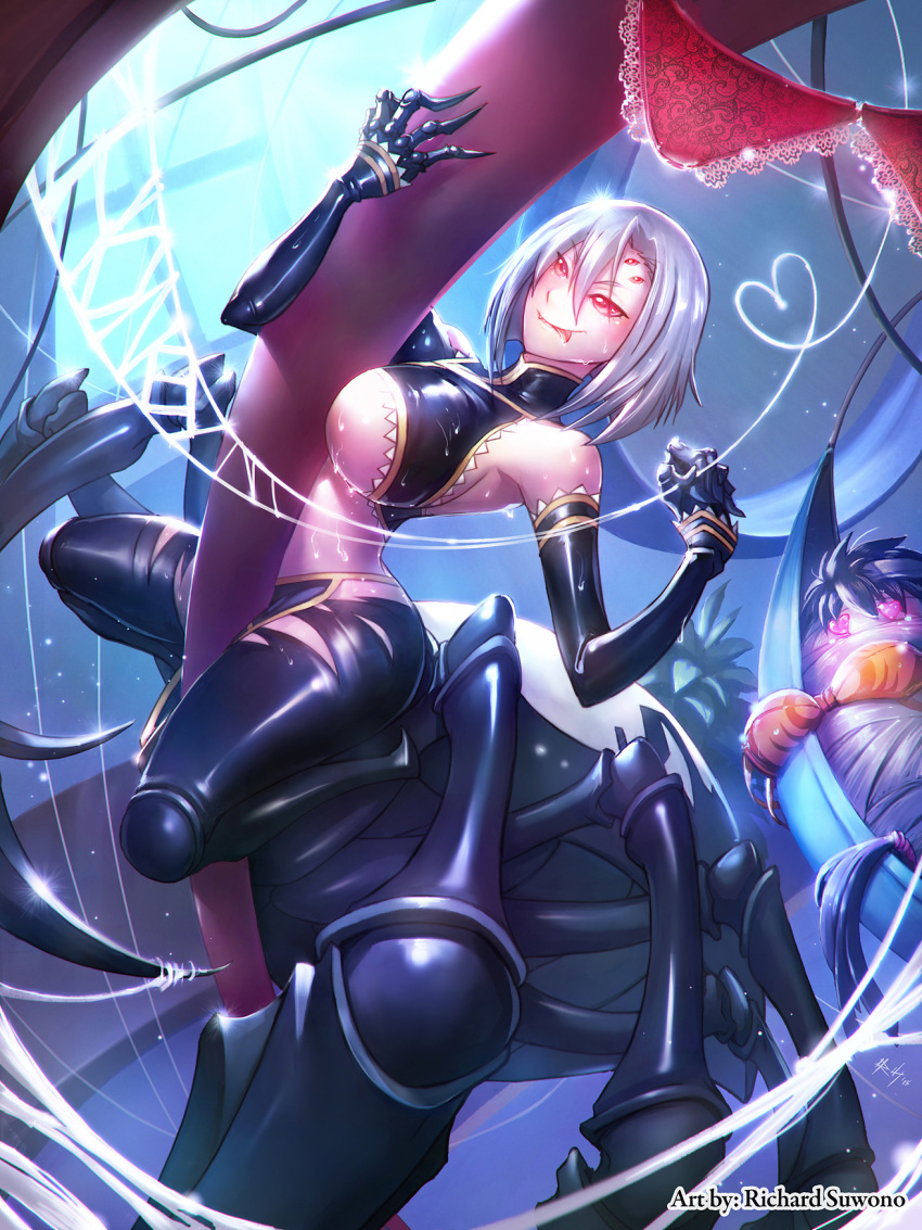 1boy 1girl arachne artist_name bdsm bondage bound breasts carapace claws commentary detached_sleeves extra_eyes heart heart_eyes highres insect_girl kurusu_kimihito lavender_hair monster_girl monster_musume_no_iru_nichijou multiple_legs rachnera_arachnera red_eyes richard_suwono silk solo_focus spider_girl spider_web sweat tongue tongue_out whip