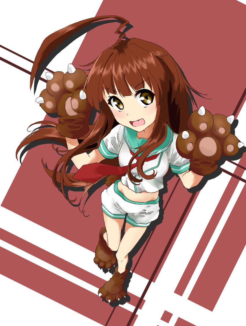 1girl absurdres ahoge bear_paws brown_hair full_body highres kantai_collection kuma_(kantai_collection) long_hair looking_at_viewer mattsuu open_mouth school_uniform serafuku solo yellow_eyes