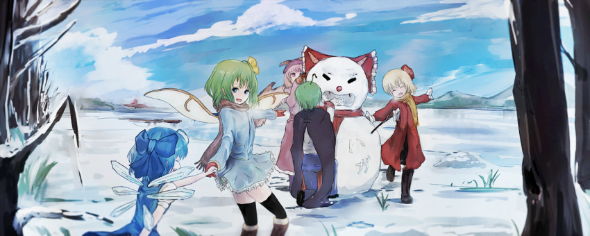 5girls antennae bird_wings black_legwear blonde_hair blue_dress blue_eyes blue_hair blue_sky boots bow cape cirno closed_eyes clouds daiyousei dress dyolf fairy_wings fangs gloves green_hair hair_bow hair_ribbon hat ice ice_wings lake long_sleeves multiple_girls mystia_lorelei oni_horns outstretched_arms pink_eyes pink_hair ribbon rumia scarf scarlet_devil_mansion side_ponytail sky snow snowman team_9 thigh-highs thighs touhou wings winter_clothes wriggle_nightbug