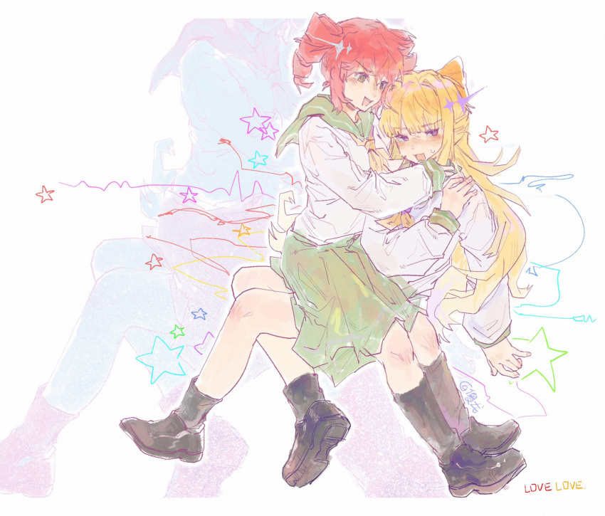 2girls blonde_hair blush bow drill_hair hair_bow hanabishi_haruka highres long_hair looking_at_another mahou_shoujo_ni_akogarete multiple_girls open_mouth pink_hair sarronnvm school_uniform serafuku shoes simple_background sitting sitting_on_lap sitting_on_person skirt socks star_(symbol) tenkawa_kaoruko twin_drills violet_eyes white_background yuri zoom_layer