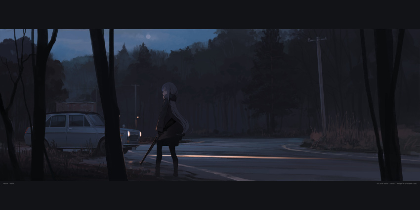 1girl astg car coat commentary_request dark finger_on_trigger forest full_moon gun highres long_hair looking_at_viewer looking_back moon motor_vehicle nature night original red_eyes rifle road scarf scenery silver_hair sky solo tree vehicle weapon