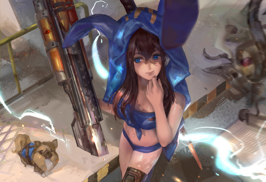 1girl animal_ears animal_hood blue_eyes blue_shorts boots brown_hair bunny_hood clothed_animal creature crop_top dog electricity fallout fallout_4 from_above front-tie_top hair_between_eyes headphones holding_weapon hood long_hair midriff motion_blur navel rabbit_(tukenitian) rabbit_ears railing shade sketch smile solo sword thigh-highs thigh_boots walking weapon